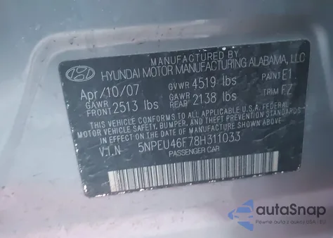 2008 Hyundai Sonata Limited V6/Se V6 z USA, uszkodzony, nr VIN 5NPEU46F78H311033